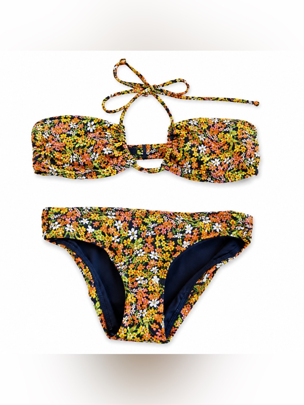 NWT Roxy Floral Bandeau Bikini Set Navy Multi Medium/Large Recycled Fabric